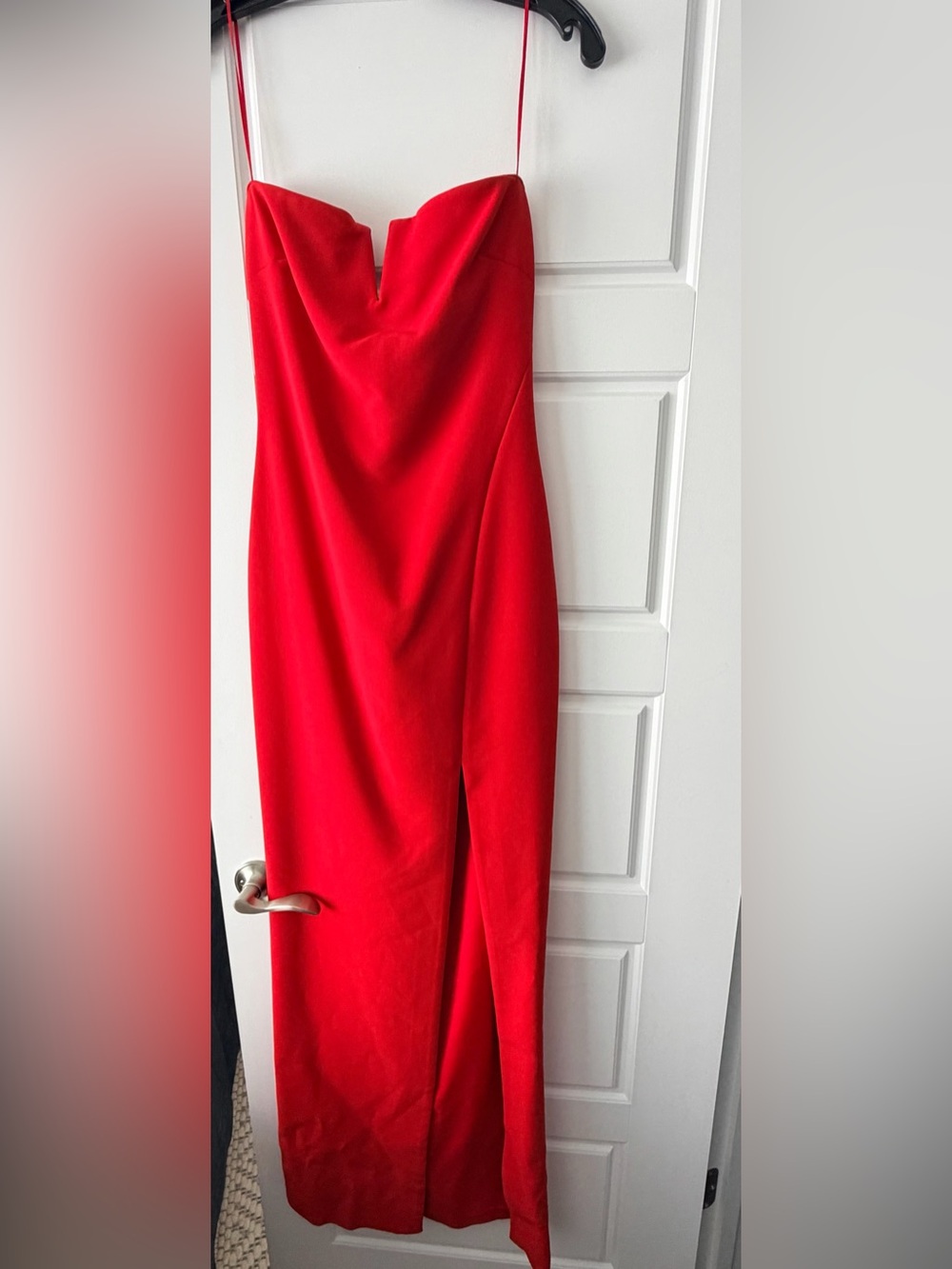 Likely V-Notch Red Strap Spaghetti Maxi Dress with Slit